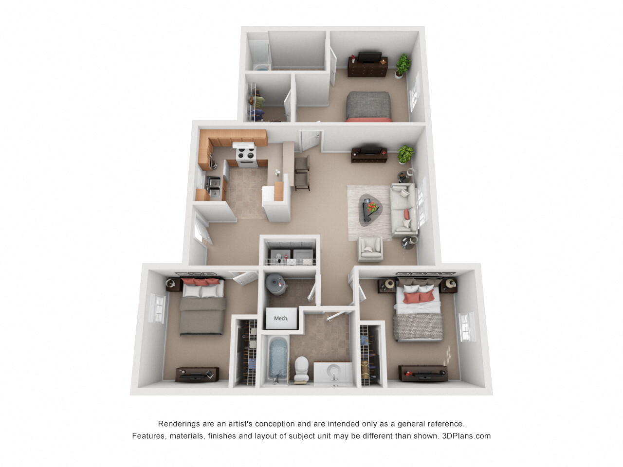 Floor plan for 3 beds, 2 baths, 1065 sqft